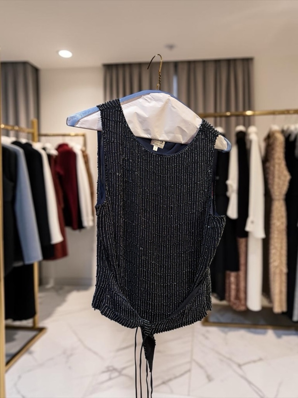 Armani Collezioni Navy Beaded Tie-Front, sleeveless top made in Italy size 8